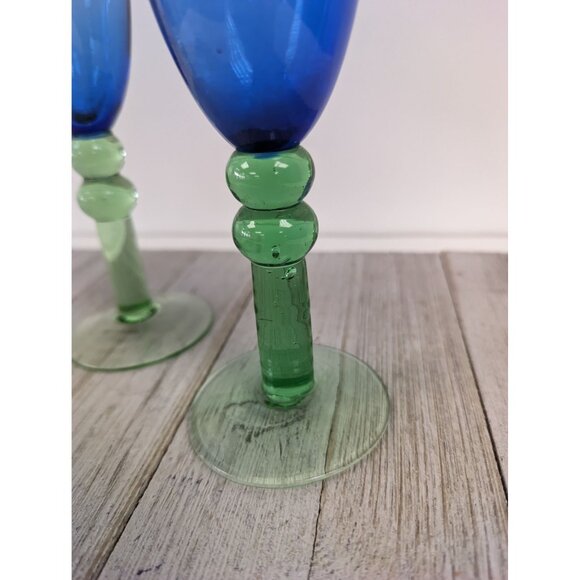 French Style Set of 3 Wine Drinking Glasses 8 5/8" Tall Blue Green Stem - Picture 3 of 9